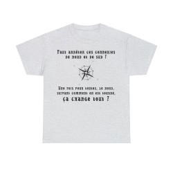 t-shirt cendre unisexe avec boussole le nord, suivant comment on est