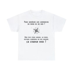 t-shirt blanc unisexe avec boussole le nord, suivant comment on est