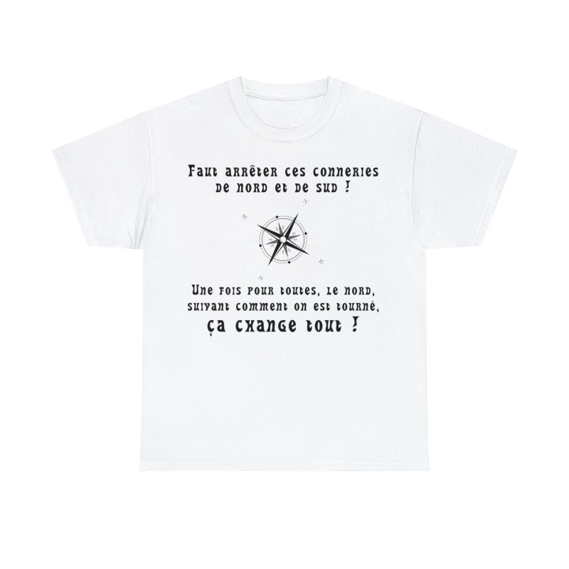 t-shirt blanc unisexe avec boussole le nord, suivant comment on est