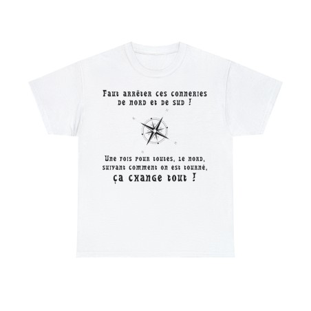 t-shirt blanc unisexe avec boussole le nord, suivant comment on est