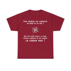 t-shirt rouge cardinal unisexe avec boussole le nord, suivant comment on est