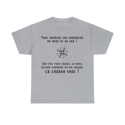 t-shirt gris unisexe avec boussole le nord, suivant comment on est