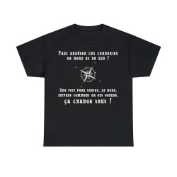 t-shirt noir unisexe avec boussole le nord, suivant comment on est