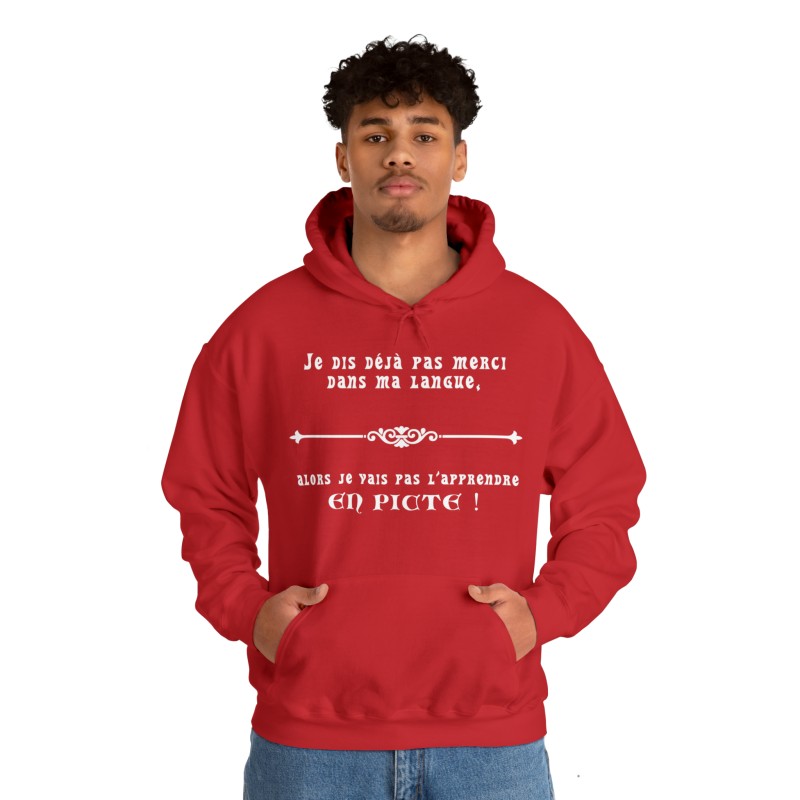 homme avec Hoodie - sweat à capuche rouge je dis déjà pas merci dans ma langue