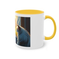 mug jaune or avec dessin du chat regardant par la fenêtre