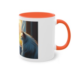 mug orange avec dessin du chat regardant par la fenêtre