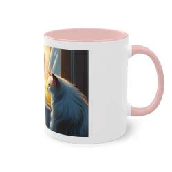 mug rose avec dessin du chat regardant par la fenêtre