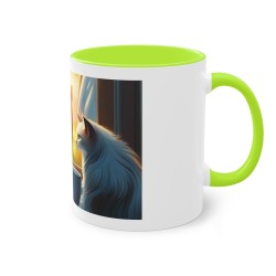 mug vert avec dessin du chat regardant par la fenêtre