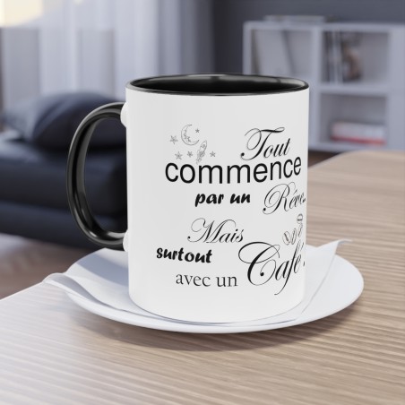 Mug jaune Tout commence par un rêve...en situation