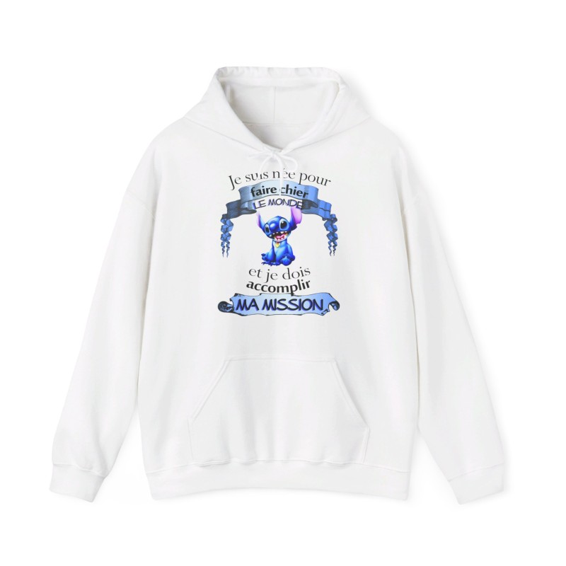 Hoodie Blanc Je suis née pour faire chier avec Stitich