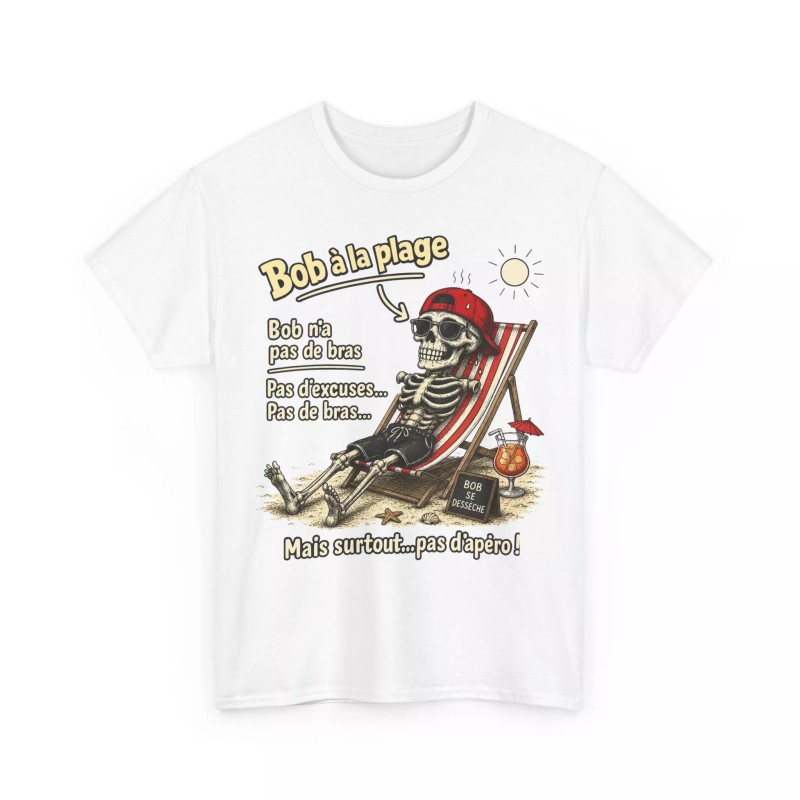 humour Skull -bob a la plage blanc
